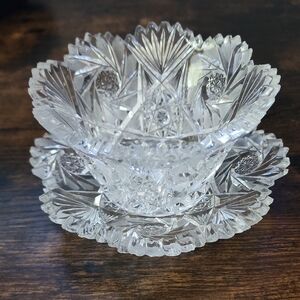 American Brilliant Period Cut Crystal Mayonnaise Bowl With Matching Plate